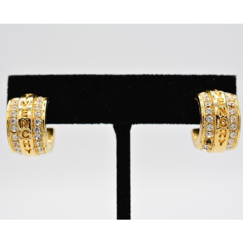 Givenchy Vintage Logo Hoop Earrings Gold Rhinestone Crystal Signed 1980s BinAO